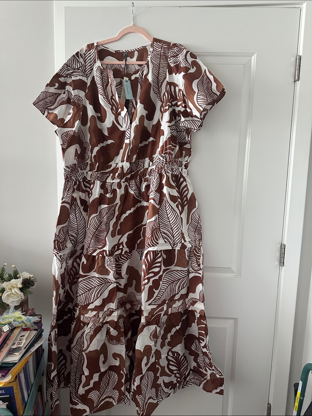 Anthropologie Brown and White Leaf-Print Tiered Maxi Dress